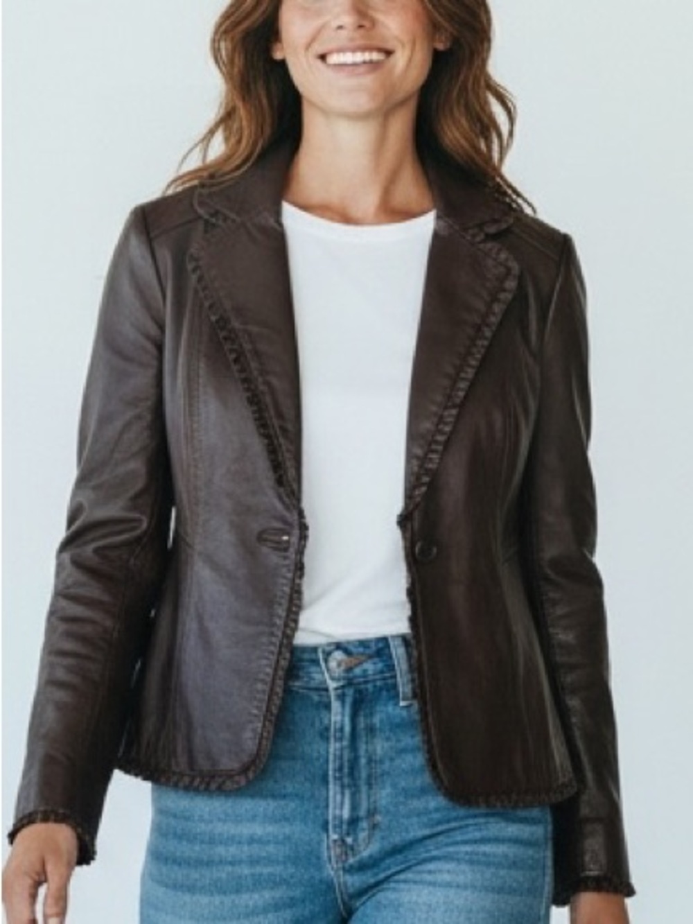 Tahari Brown Leather Jacket with Ruffled Details Medium